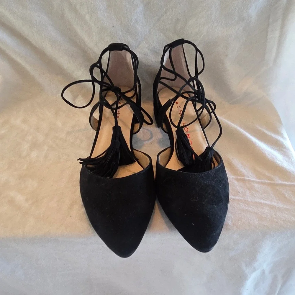 Sacha London Black Suede Lace Up Tassel Ballet Flats Size 6.5